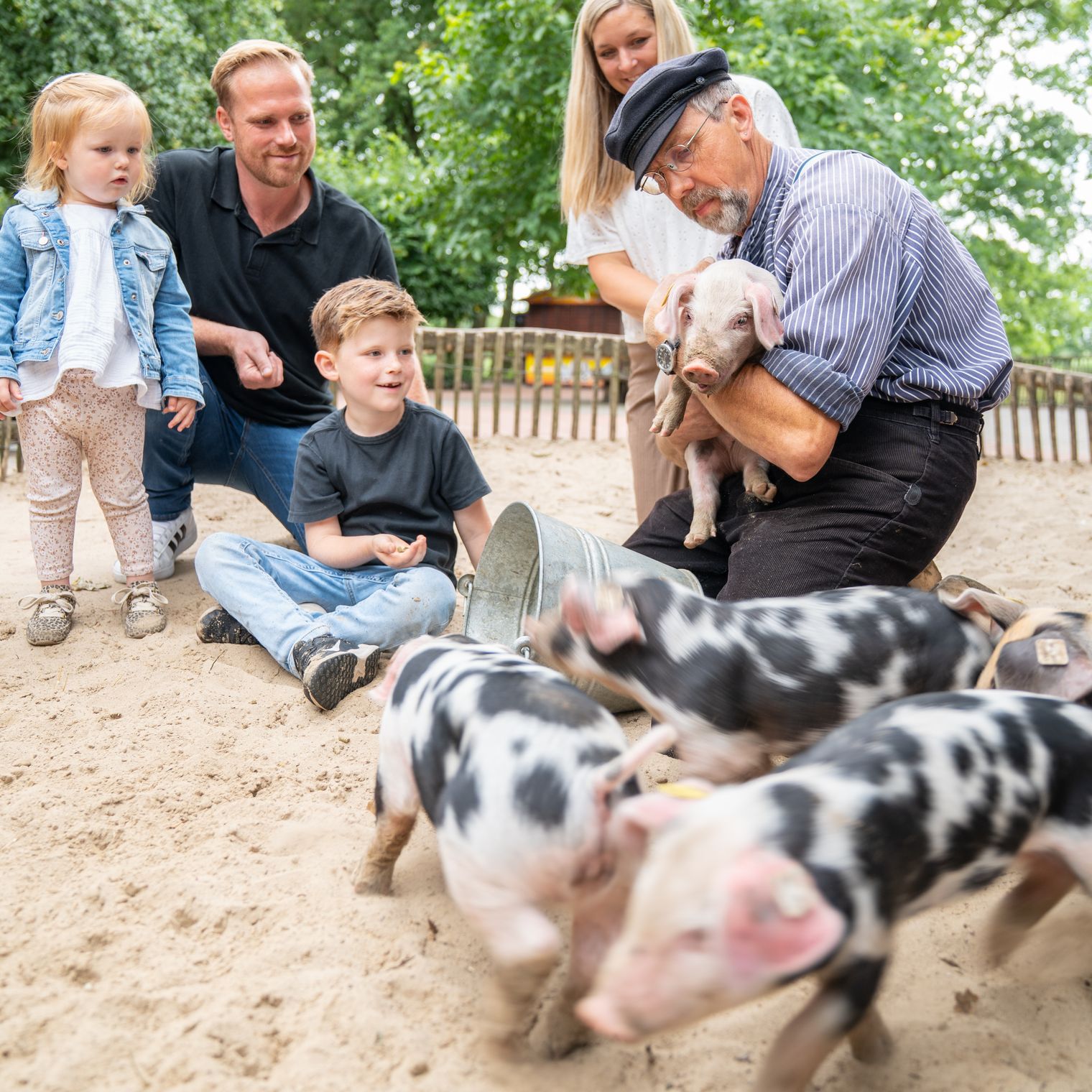 Eine Familie mit Vater, Mutter und zwei kleinen Kindern zwischen 3 und 6 Jahren stehen in einem Schweinegehege und betrachten einen Mann in traditioneller Kleidung, wie er ein Ferkel auf dem Arm hält