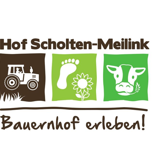 Das Logo bestehend aus Überschrift Hof Scholten-Meilink, darunter drei Zeichnungen: Ein Traktor, ein Fußabdruck und eine Kuh. Darunter der Slogan Bauernhof erleben!. Alles in Braun-Grün